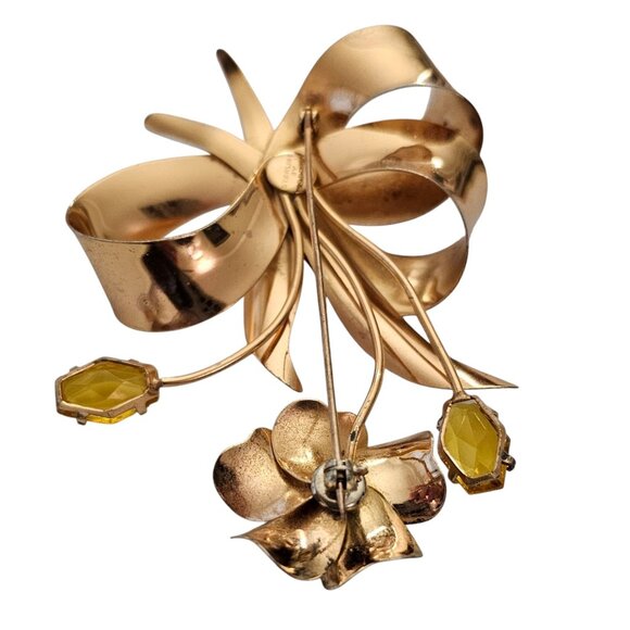 Sterling By Jordan Uranium Glass Rhinestone Flower Brooch Gold Vermeil Pin, L957 - Picture 7 of 11